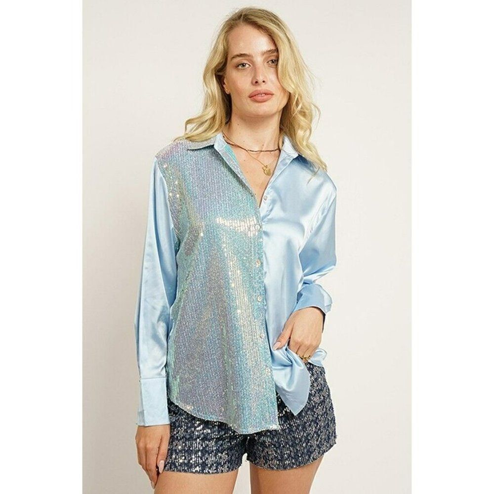 GeeGee Clothing Satin Sequin Button Up Mix Top Shirt in Chambray New S-L ST2310